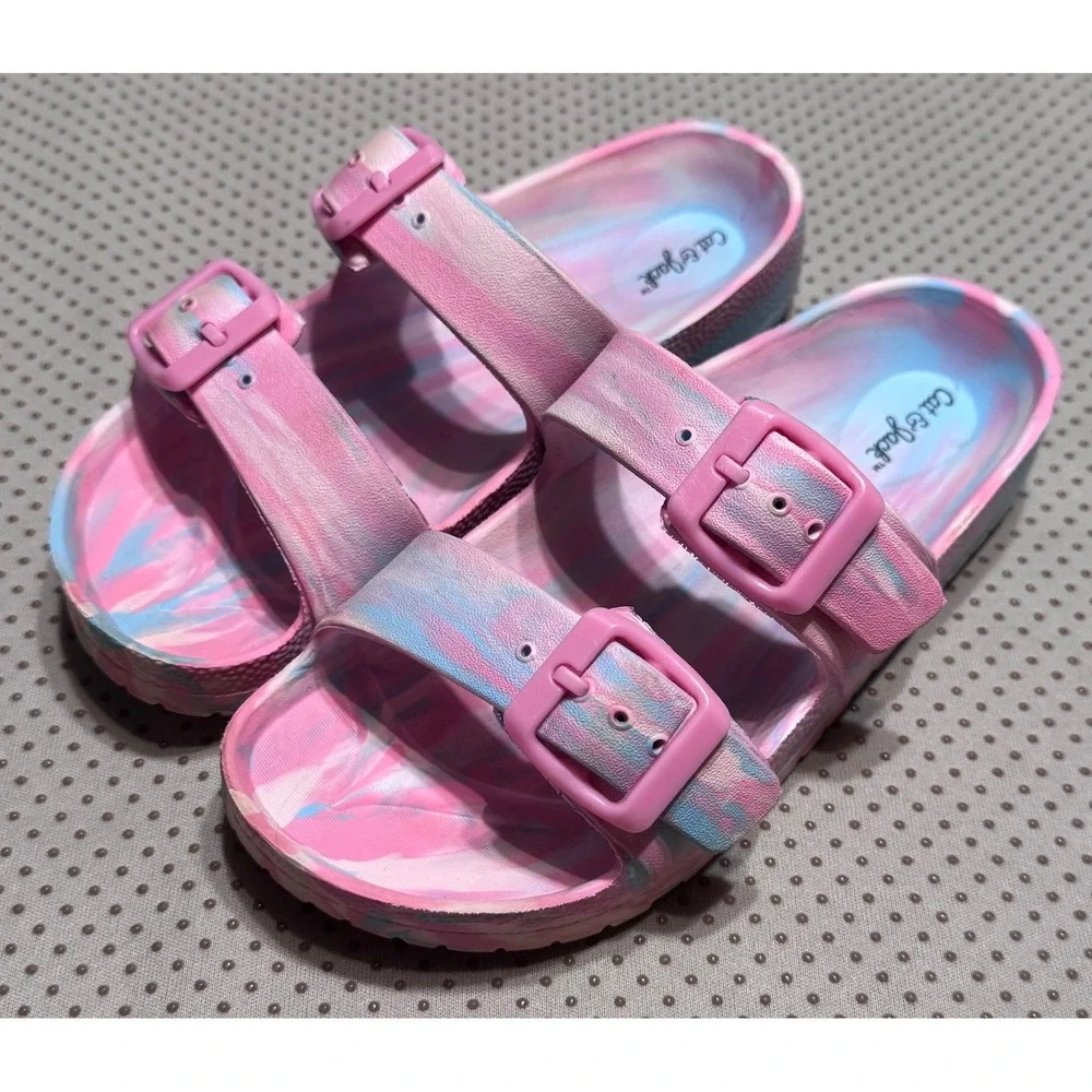 Cat & Jack Girls Size 1 Double Buckle Slides Sandal EVA Pool Summer Pink Tie Dye